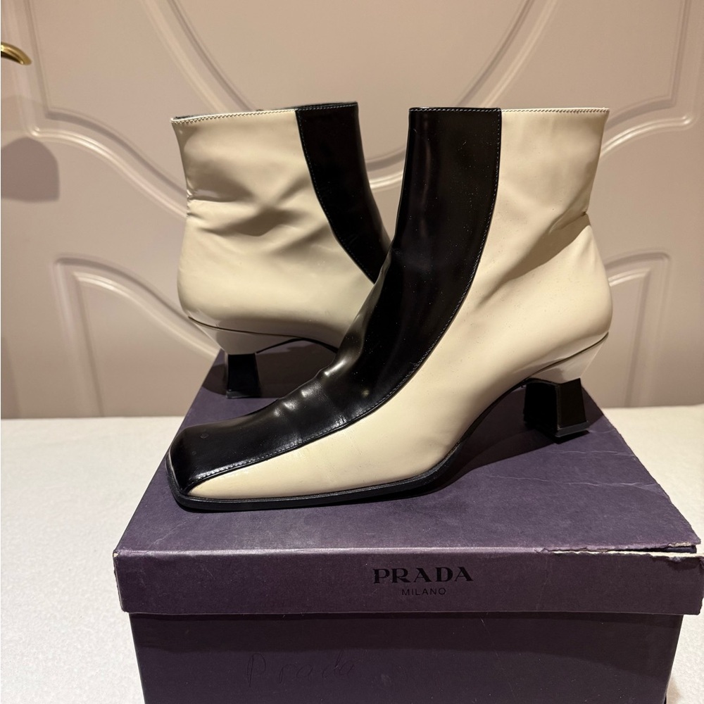 Prada Black and Cream Patent Leather Ankle Boots